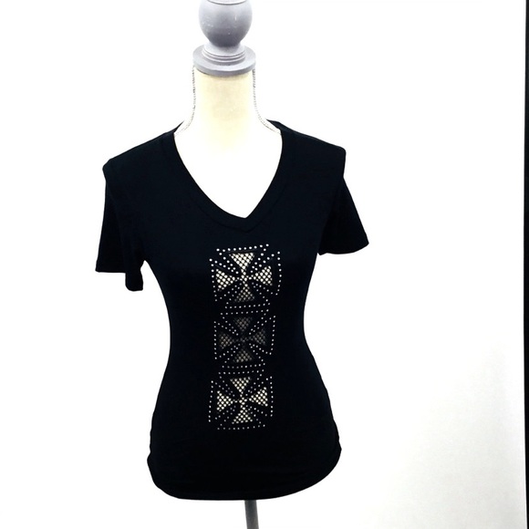 Maltese Netting Cross on Black Tee, 3 front 1 back - Picture 3 of 4